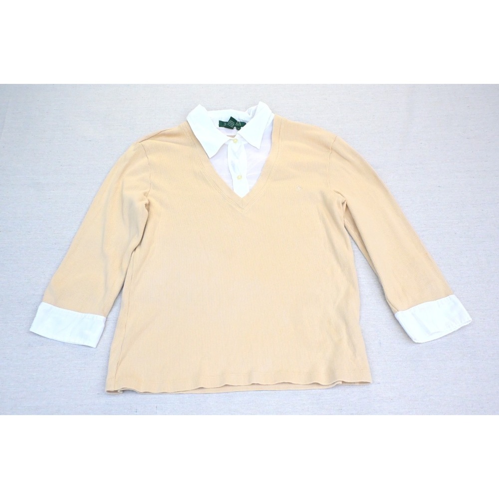 Lauren Ralph Lauren Vintage 90s Womens L 100% Cotton Blouse Cream Layered V Neck